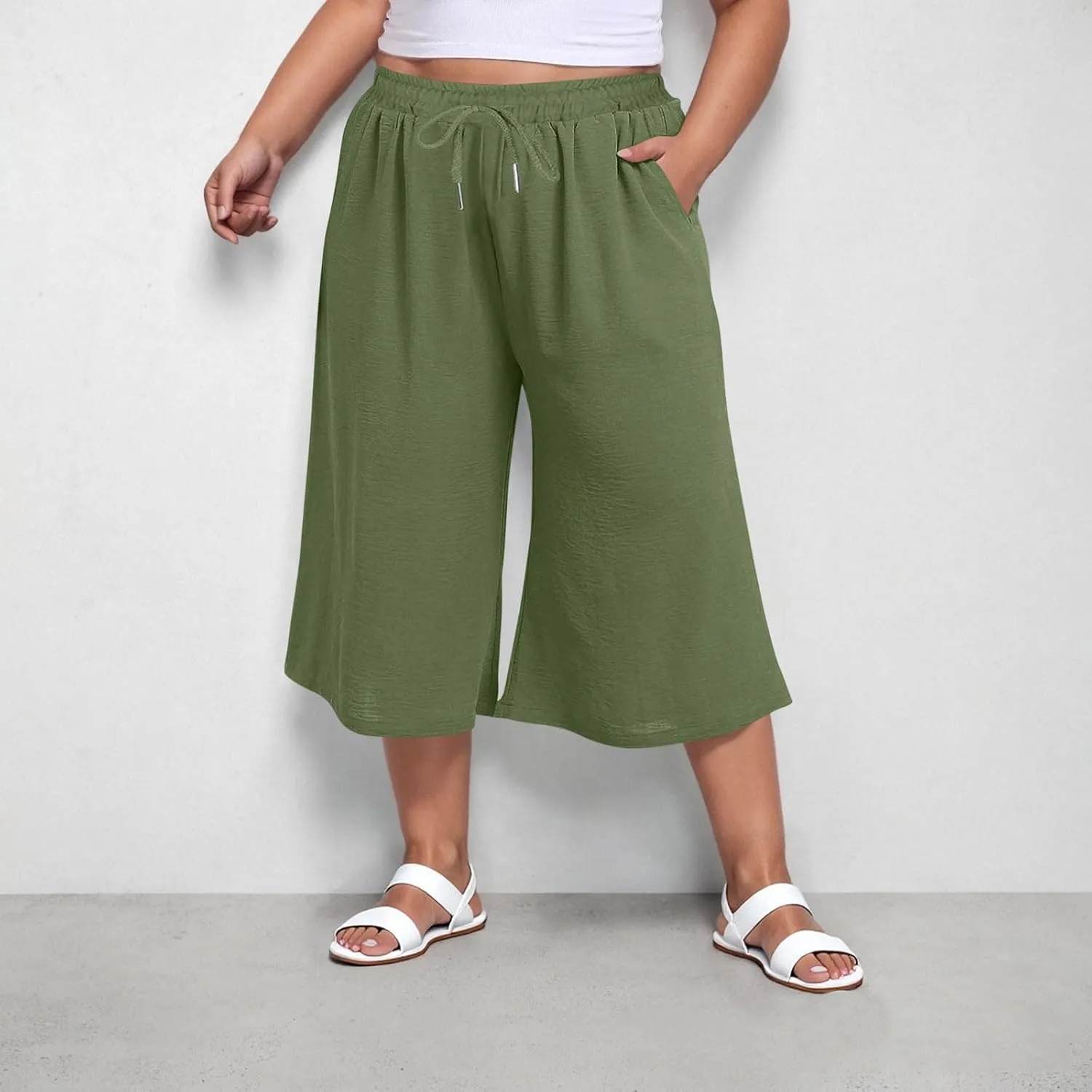 LEMONONSTORE Plus Size Women Boho Summer Capris Elastic Waist Wide Leg Straight Cropped Pants Casual Loose Below-Knee Shorts