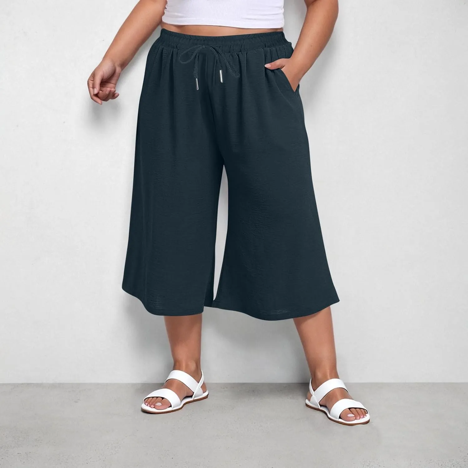 LEMONONSTORE Plus Size Women Boho Summer Capris Elastic Waist Wide Leg Straight Cropped Pants Casual Loose Below-Knee Shorts