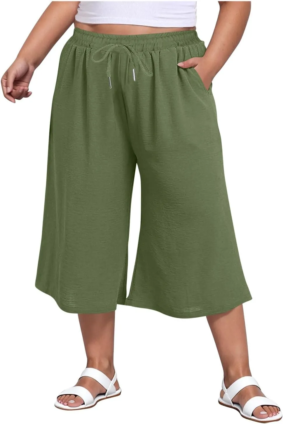 LEMONONSTORE Plus Size Women Boho Summer Capris Elastic Waist Wide Leg Straight Cropped Pants Casual Loose Below-Knee Shorts