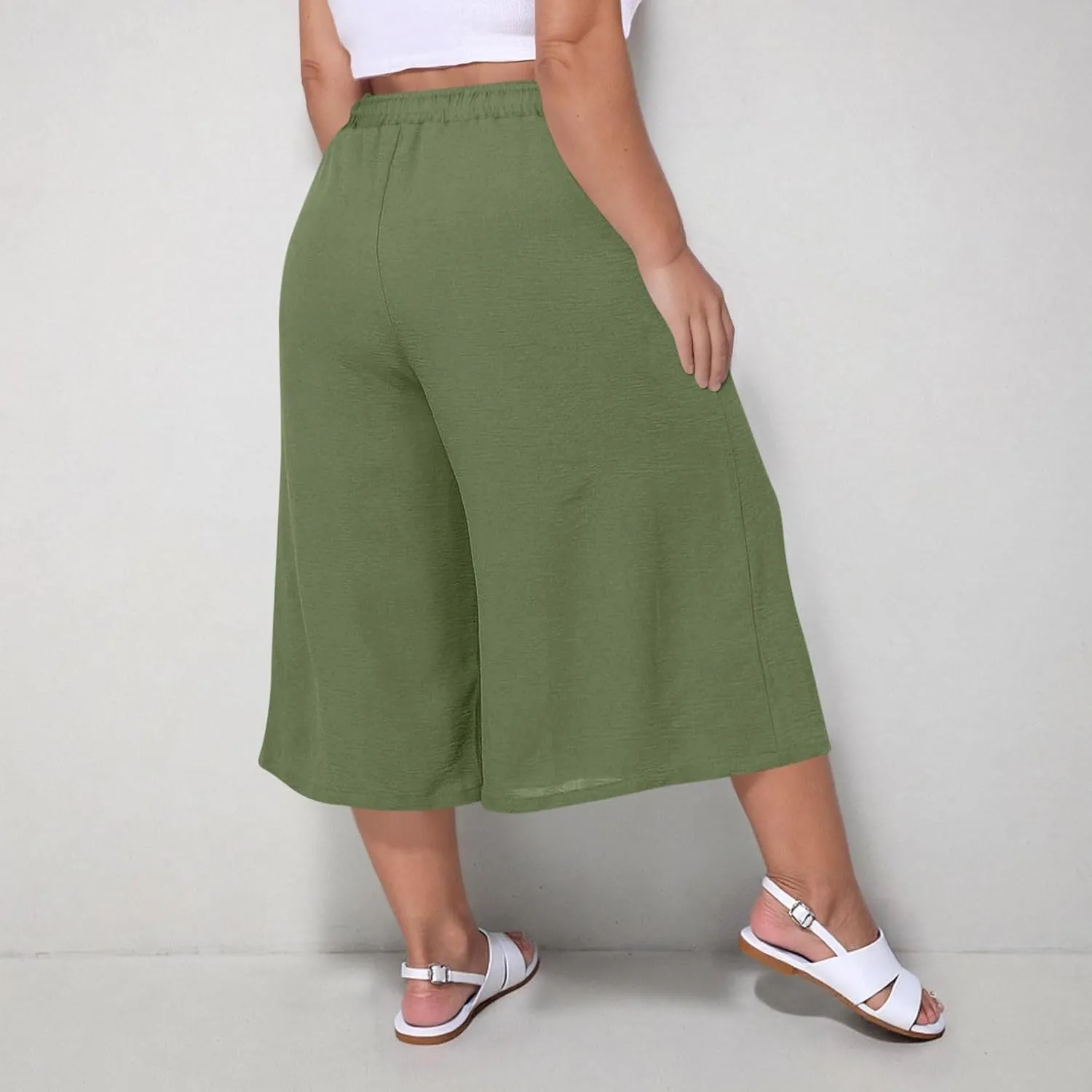 LEMONONSTORE Plus Size Women Boho Summer Capris Elastic Waist Wide Leg Straight Cropped Pants Casual Loose Below-Knee Shorts
