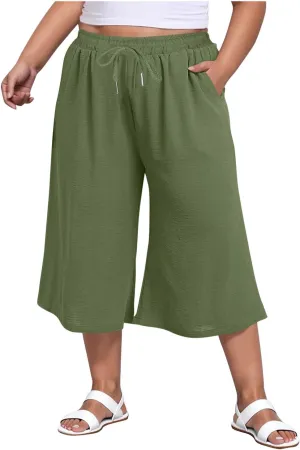 LEMONONSTORE Plus Size Women Boho Summer Capris Elastic Waist Wide Leg Straight Cropped Pants Casual Loose Below-Knee Shorts