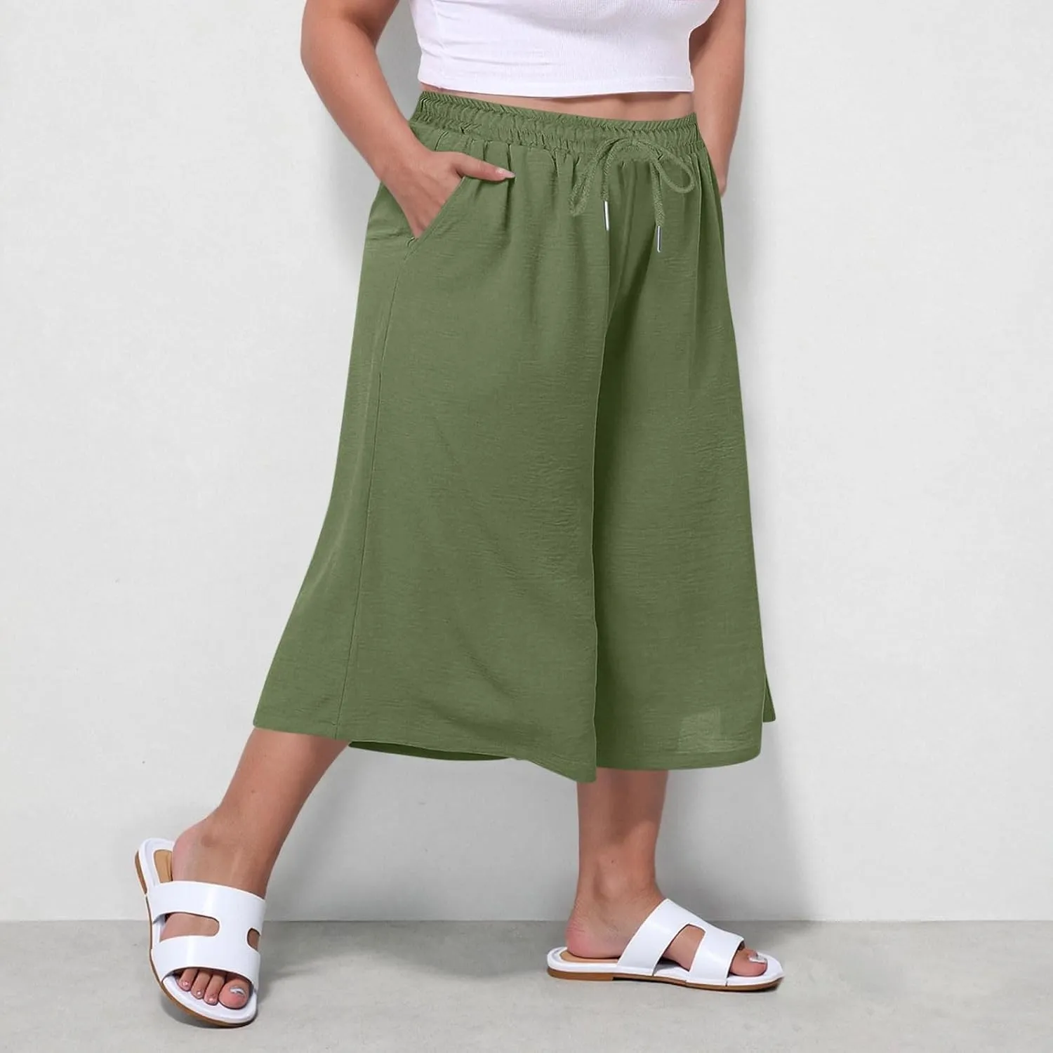 LEMONONSTORE Plus Size Women Boho Summer Capris Elastic Waist Wide Leg Straight Cropped Pants Casual Loose Below-Knee Shorts