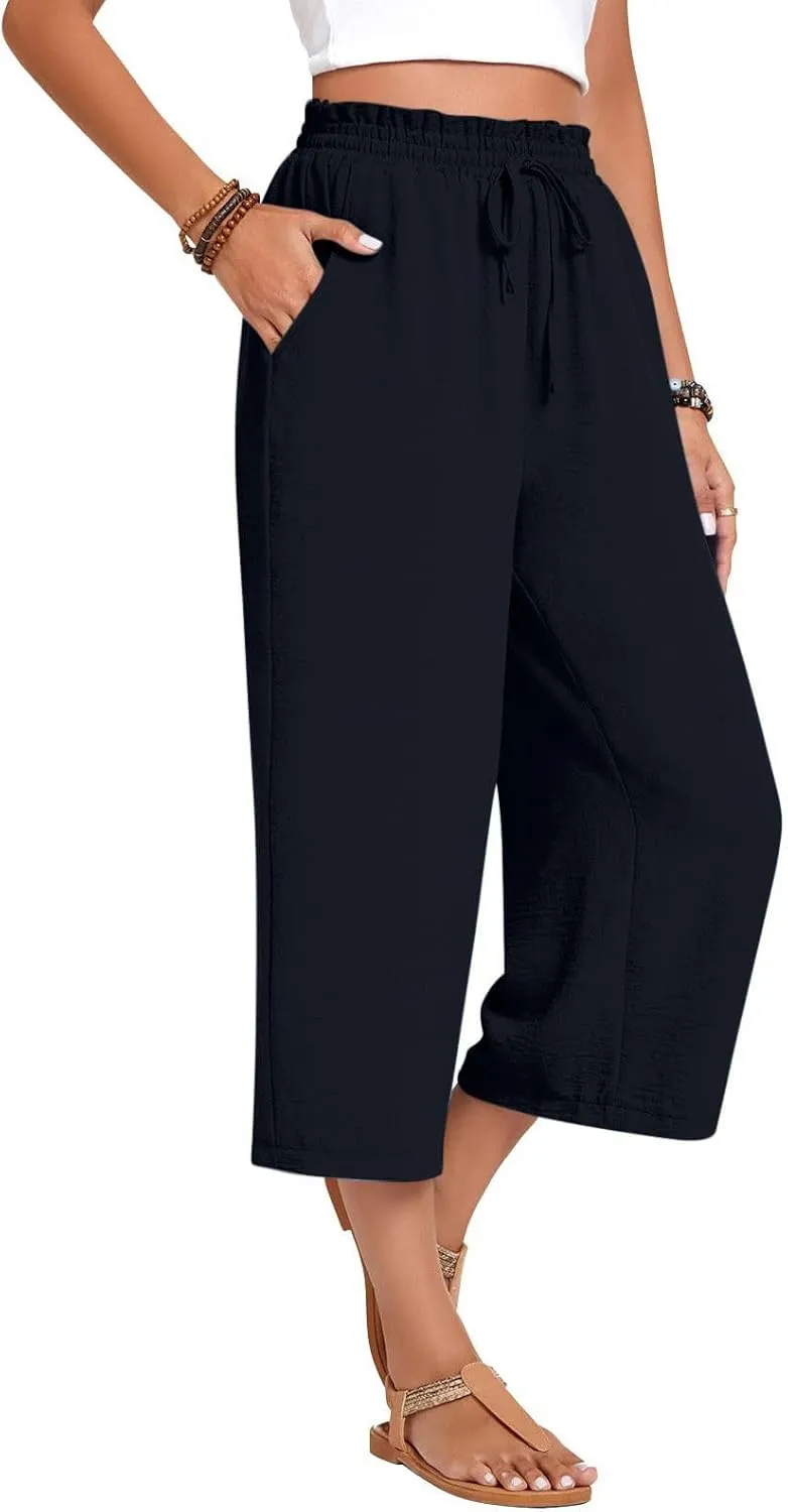 LEMONONSTORE Women's Ankle-Length Casual Shorts High Waist Linen Blend Dressy Capris Flowy Summer Lounge Pants with Pockets