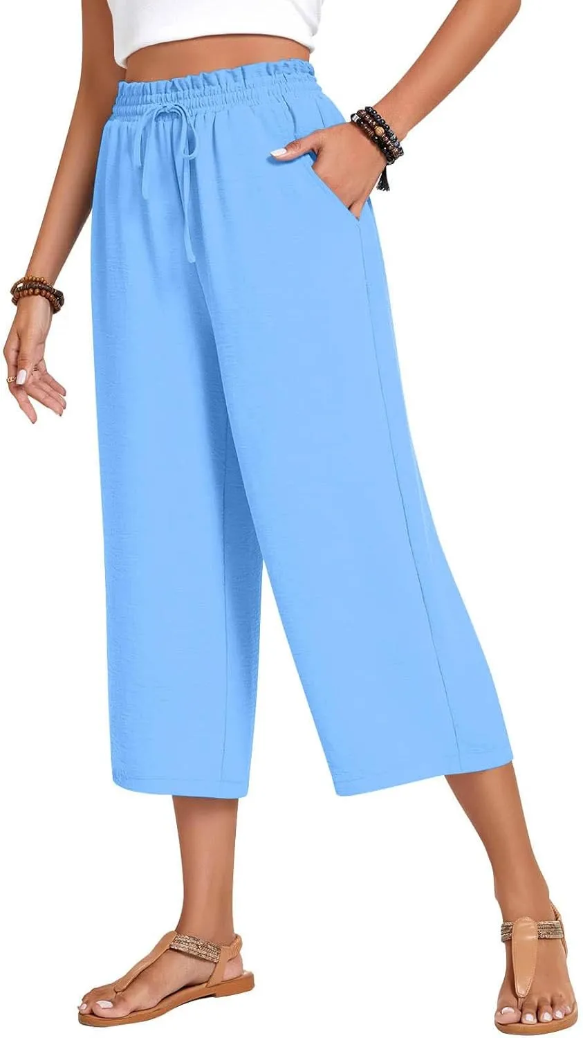 LEMONONSTORE Women's Ankle-Length Casual Shorts High Waist Linen Blend Dressy Capris Flowy Summer Lounge Pants with Pockets