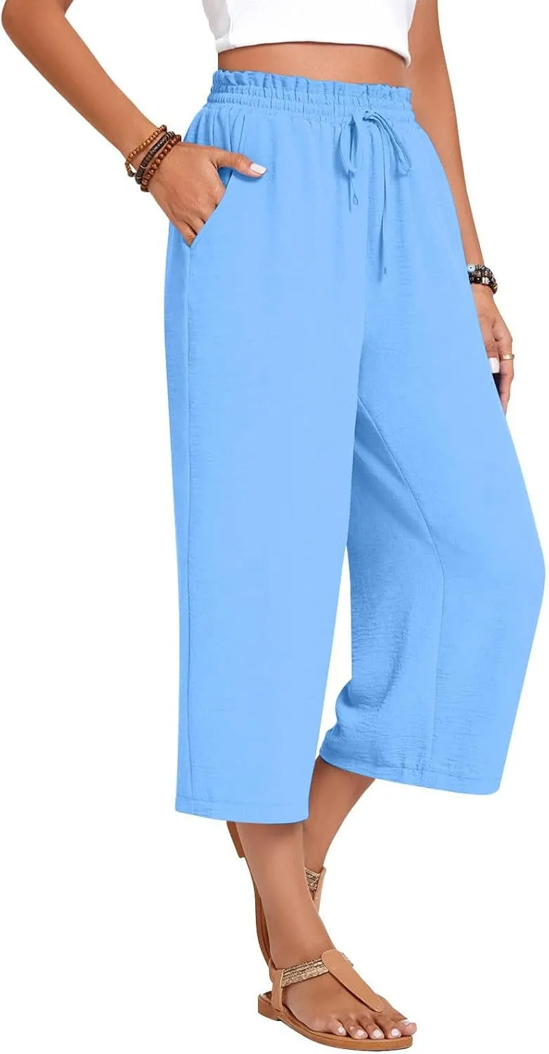 LEMONONSTORE Women's Ankle-Length Casual Shorts High Waist Linen Blend Dressy Capris Flowy Summer Lounge Pants with Pockets