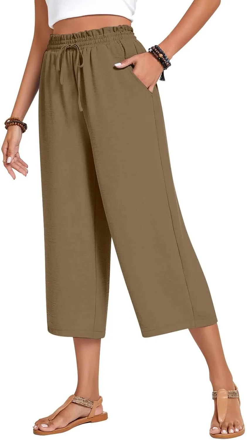 LEMONONSTORE Women's Ankle-Length Casual Shorts High Waist Linen Blend Dressy Capris Flowy Summer Lounge Pants with Pockets