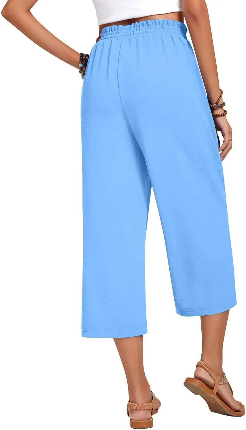 LEMONONSTORE Women's Ankle-Length Casual Shorts High Waist Linen Blend Dressy Capris Flowy Summer Lounge Pants with Pockets