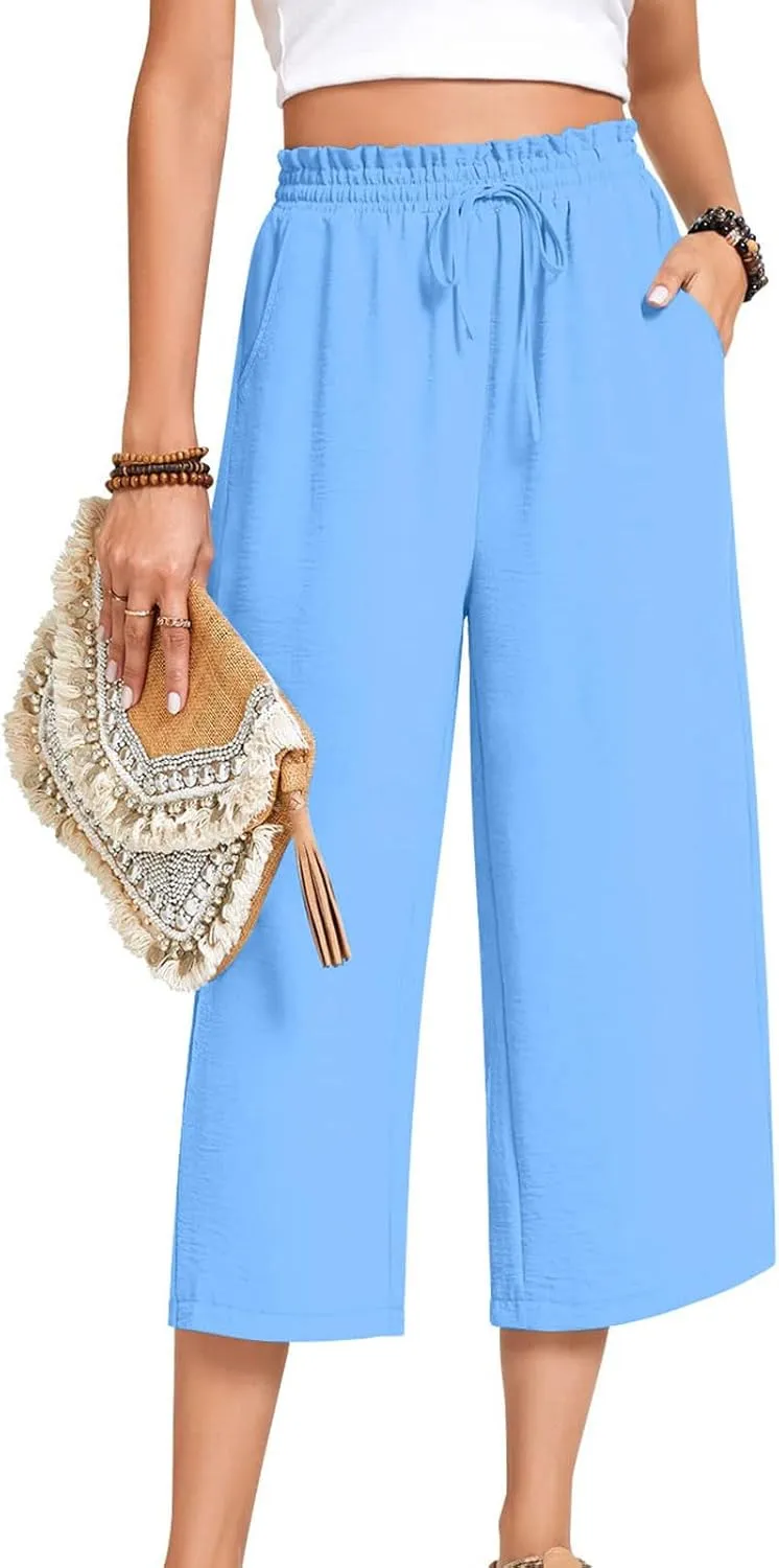 LEMONONSTORE Women's Ankle-Length Casual Shorts High Waist Linen Blend Dressy Capris Flowy Summer Lounge Pants with Pockets