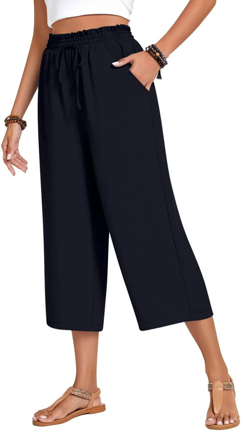 LEMONONSTORE Women's Ankle-Length Casual Shorts High Waist Linen Blend Dressy Capris Flowy Summer Lounge Pants with Pockets