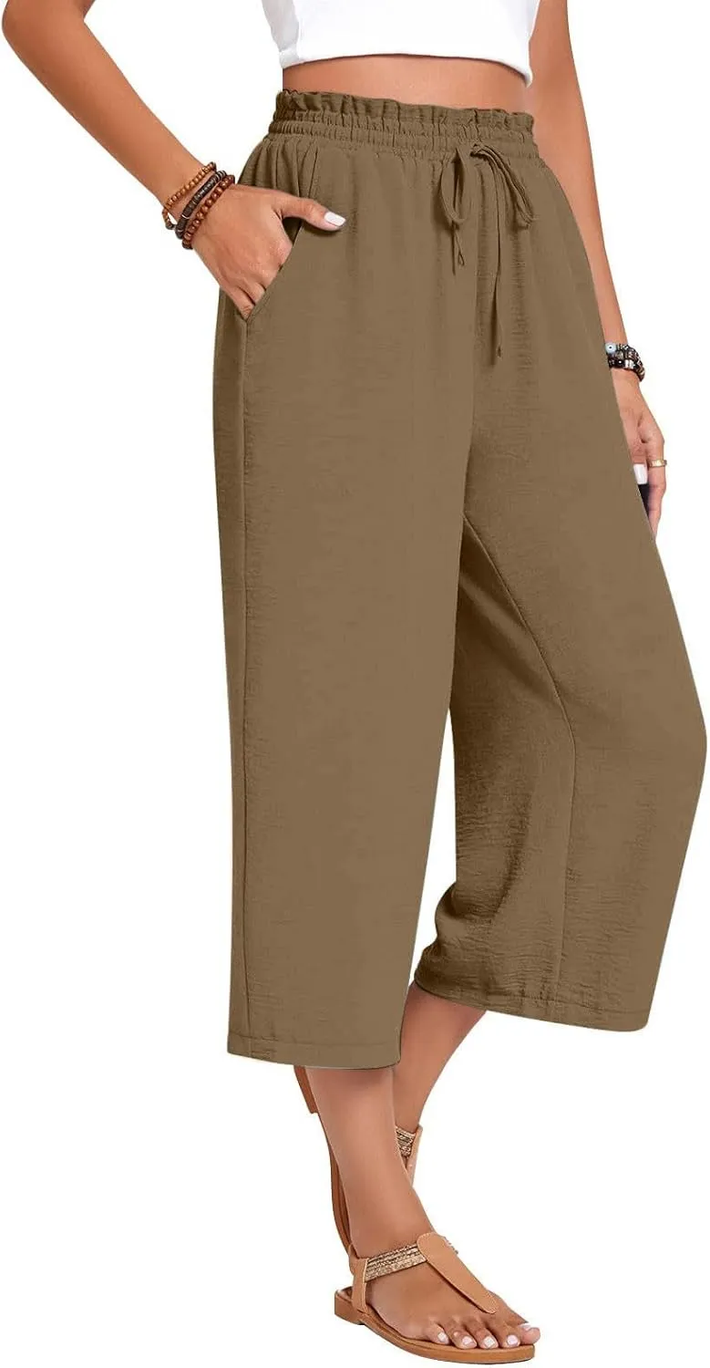 LEMONONSTORE Women's Ankle-Length Casual Shorts High Waist Linen Blend Dressy Capris Flowy Summer Lounge Pants with Pockets