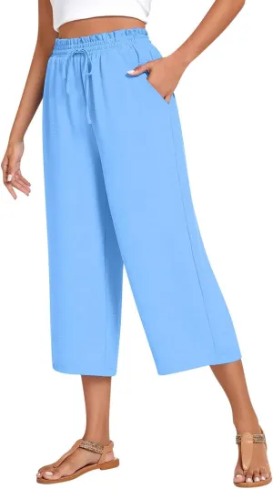 LEMONONSTORE Women's Ankle-Length Casual Shorts High Waist Linen Blend Dressy Capris Flowy Summer Lounge Pants with Pockets