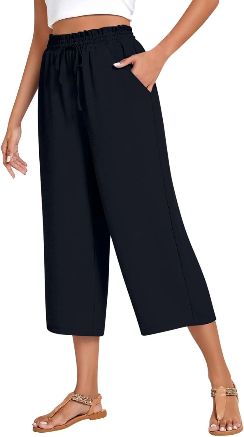 LEMONONSTORE Women's Ankle-Length Casual Shorts High Waist Linen Blend Dressy Capris Flowy Summer Lounge Pants with Pockets