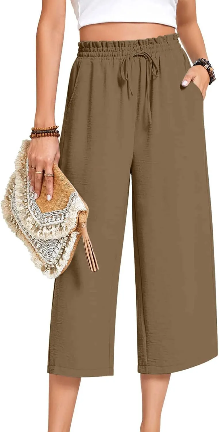 LEMONONSTORE Women's Ankle-Length Casual Shorts High Waist Linen Blend Dressy Capris Flowy Summer Lounge Pants with Pockets