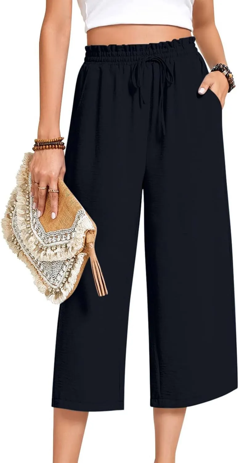 LEMONONSTORE Women's Ankle-Length Casual Shorts High Waist Linen Blend Dressy Capris Flowy Summer Lounge Pants with Pockets