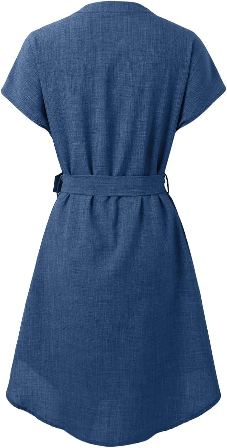 Lightweight Linen Shirt Dress Summer Beach Short Sleeve Midi Dresses with Belt Party Comfy Church Outfits for Women