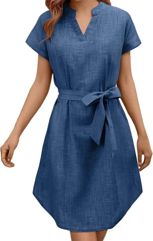 Lightweight Linen Shirt Dress Summer Beach Short Sleeve Midi Dresses with Belt Party Comfy Church Outfits for Women