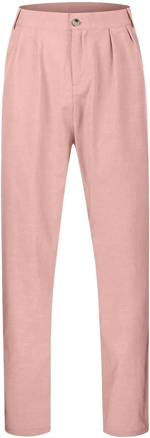 Linen Cargo Pants for Men, Summer Casual Elastic Waist Pants with Pockets, Relaxed Fit Holiday Beach Yoga Lounge Pants