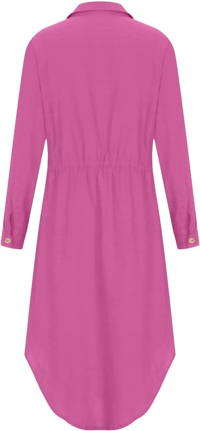 Linen Dress for Women Summer Cotton Midi Button Down Dresses Plus Size Tunic Waist Split Casual Office Tshirt Dress