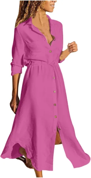 Linen Dress for Women Summer Cotton Midi Button Down Dresses Plus Size Tunic Waist Split Casual Office Tshirt Dress