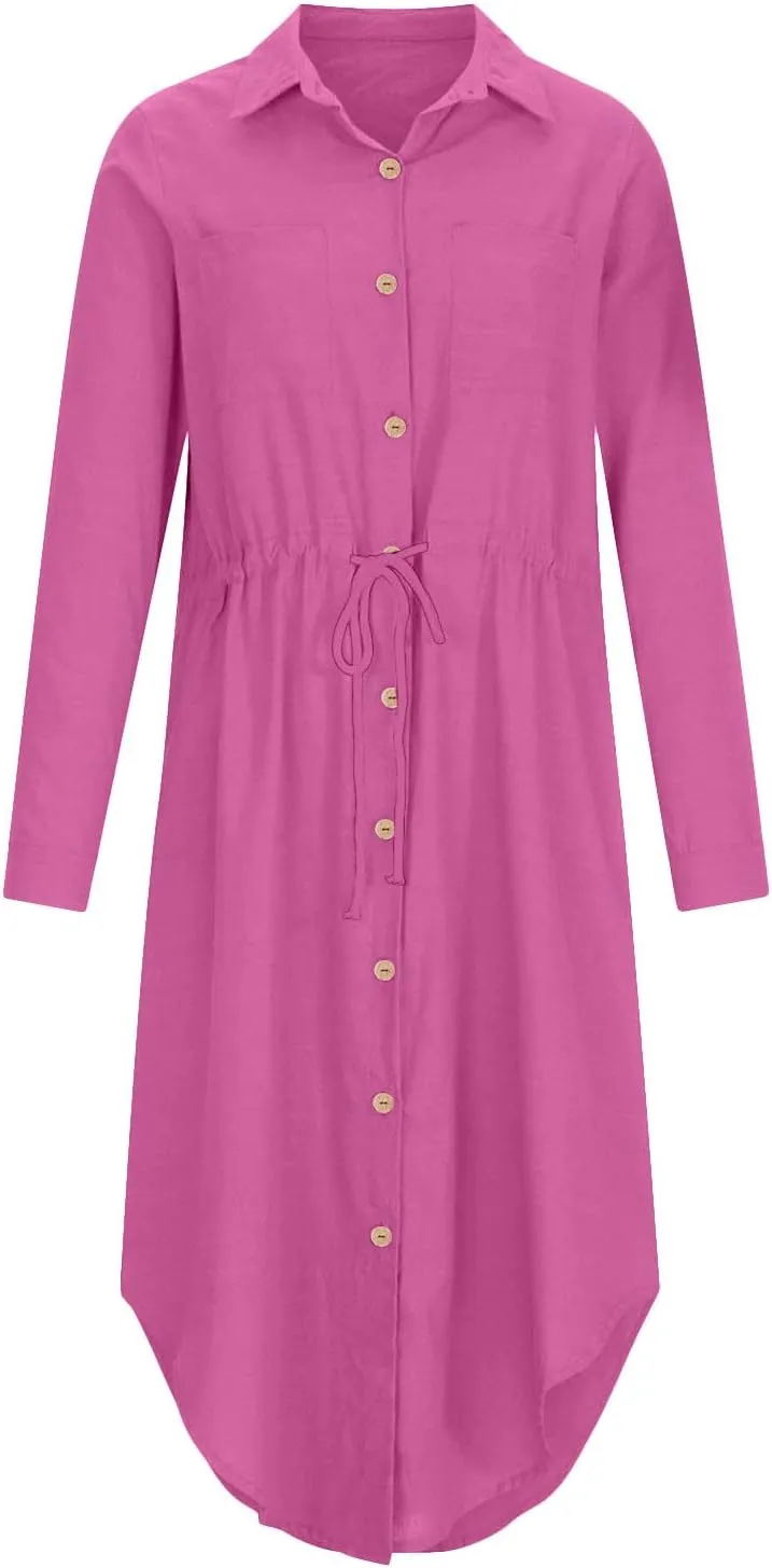 Linen Dress for Women Summer Cotton Midi Button Down Dresses Plus Size Tunic Waist Split Casual Office Tshirt Dress