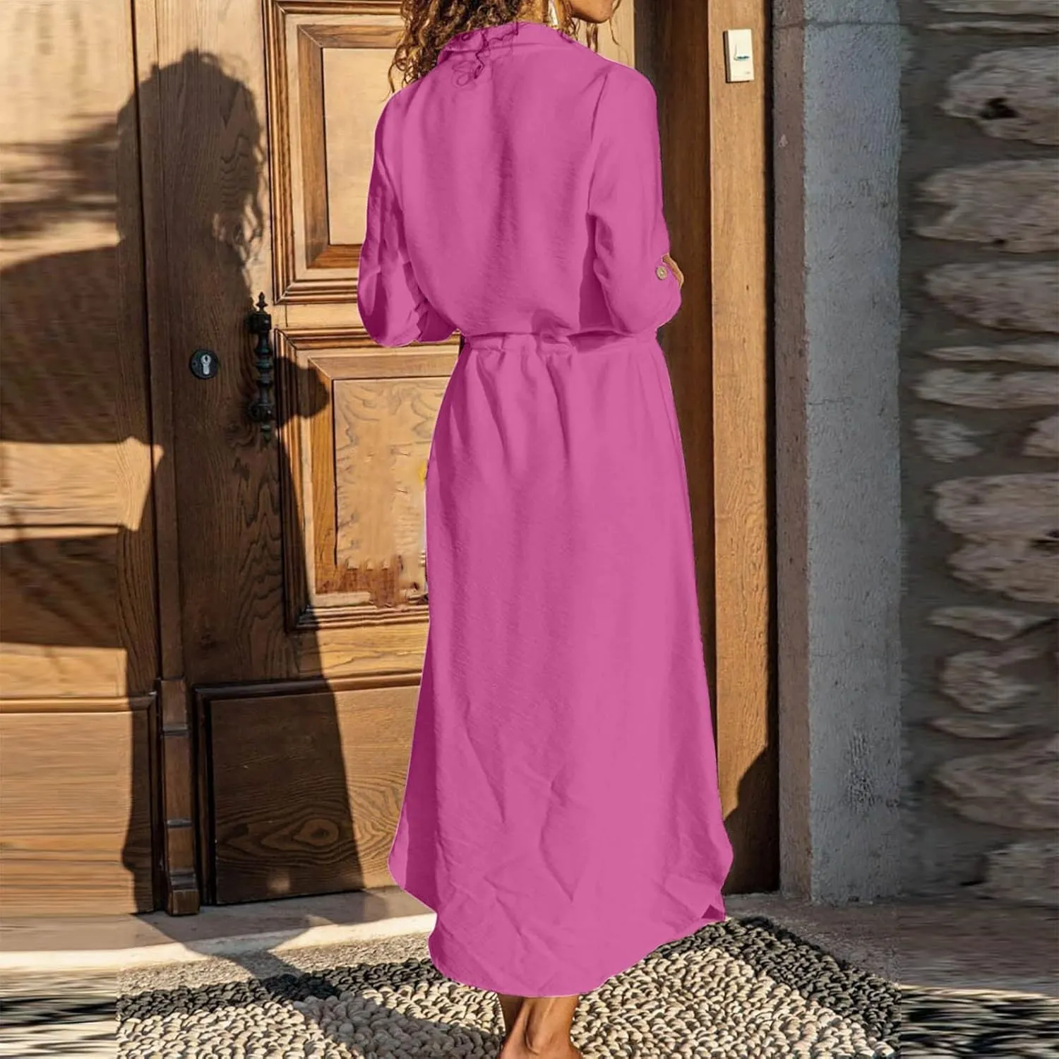 Linen Dress for Women Summer Cotton Midi Button Down Dresses Plus Size Tunic Waist Split Casual Office Tshirt Dress