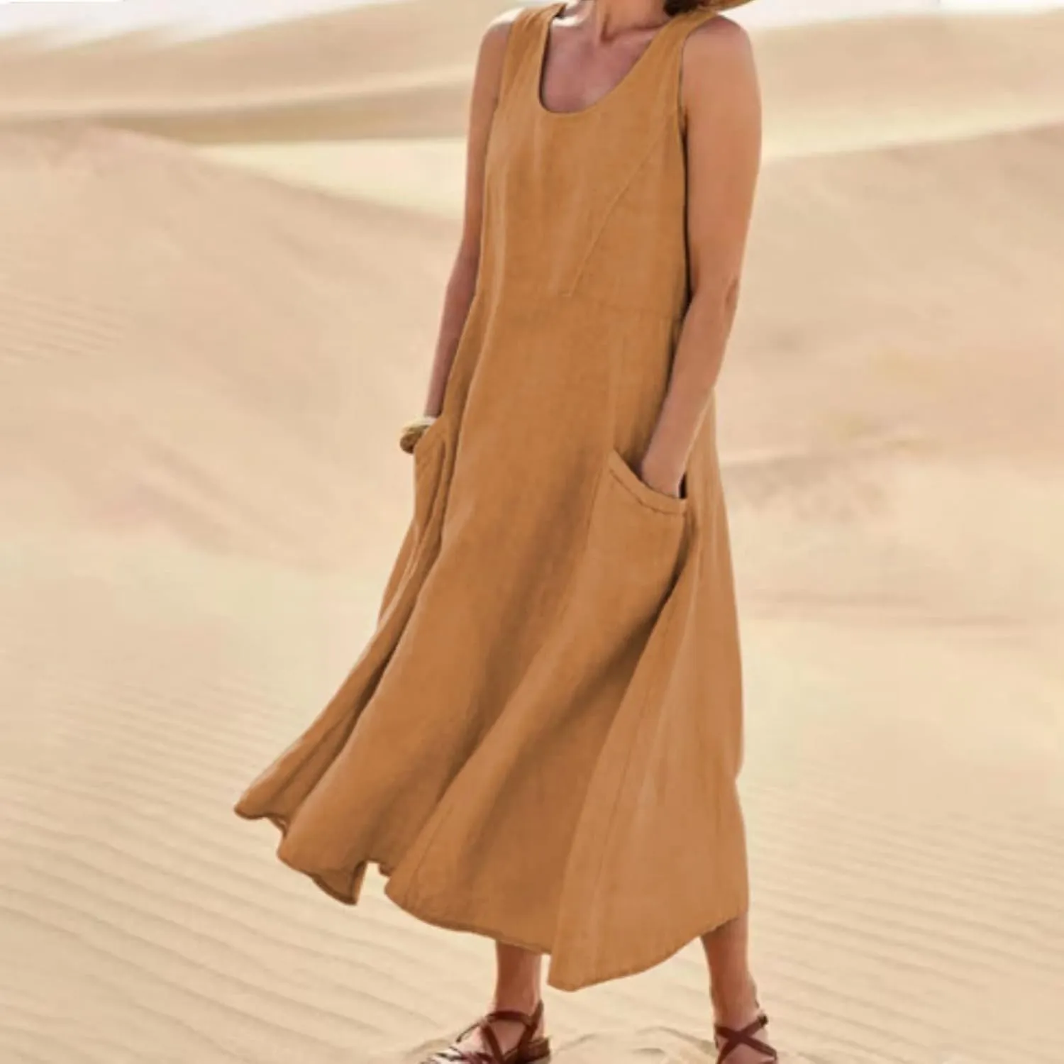 Linen Dresses for Women 2025 Summer Casual Sleeveless Sun Dress Maxi Tunic Tank Beach Vacation Dress with Pocket