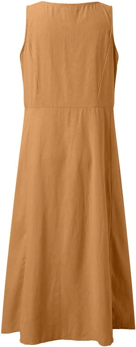 Linen Dresses for Women 2025 Summer Casual Sleeveless Sun Dress Maxi Tunic Tank Beach Vacation Dress with Pocket