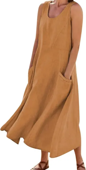 Linen Dresses for Women 2025 Summer Casual Sleeveless Sun Dress Maxi Tunic Tank Beach Vacation Dress with Pocket