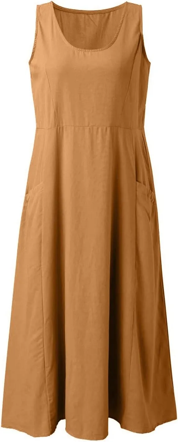 Linen Dresses for Women 2025 Summer Casual Sleeveless Sun Dress Maxi Tunic Tank Beach Vacation Dress with Pocket