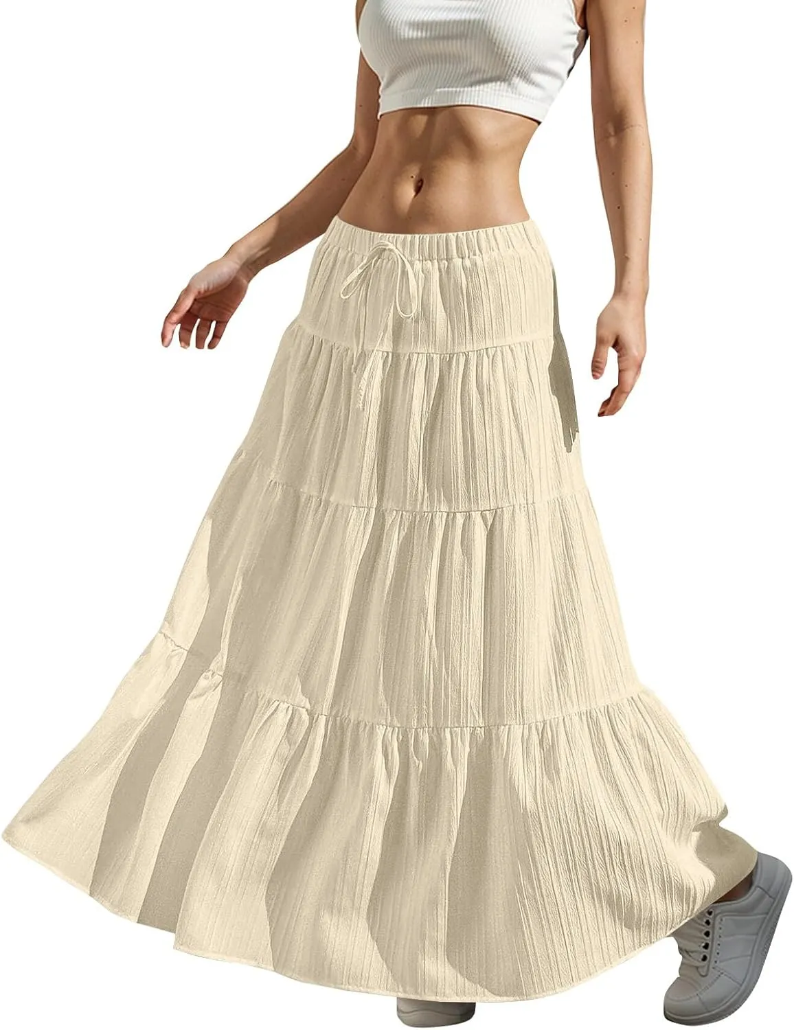 Linen Maxi Skirts for Women 2025 Drawstring High Waisted Aline Ruffle Pleated Skirt Summer Tiered Ruffle Long Skirt