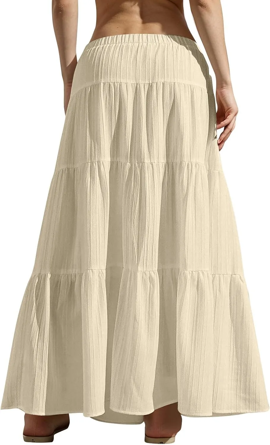 Linen Maxi Skirts for Women 2025 Drawstring High Waisted Aline Ruffle Pleated Skirt Summer Tiered Ruffle Long Skirt