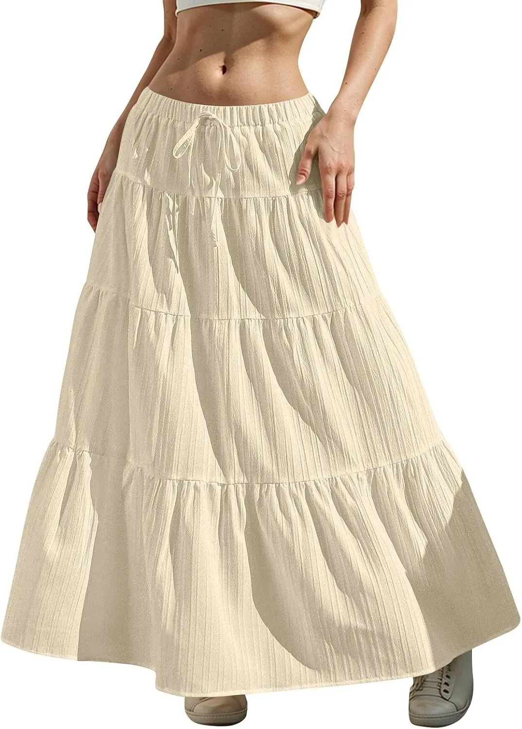 Linen Maxi Skirts for Women 2025 Drawstring High Waisted Aline Ruffle Pleated Skirt Summer Tiered Ruffle Long Skirt