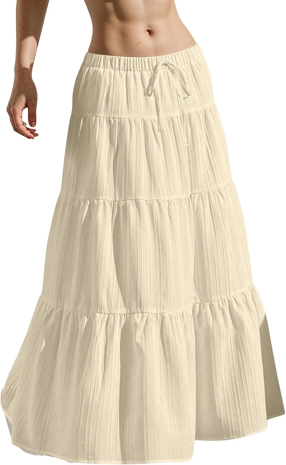 Linen Maxi Skirts for Women 2025 Drawstring High Waisted Aline Ruffle Pleated Skirt Summer Tiered Ruffle Long Skirt