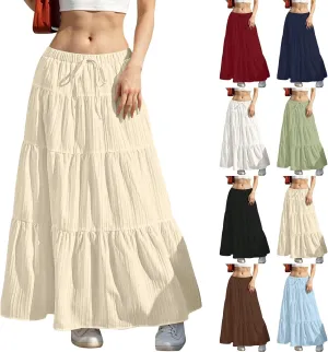 Linen Maxi Skirts for Women 2025 Drawstring High Waisted Aline Ruffle Pleated Skirt Summer Tiered Ruffle Long Skirt