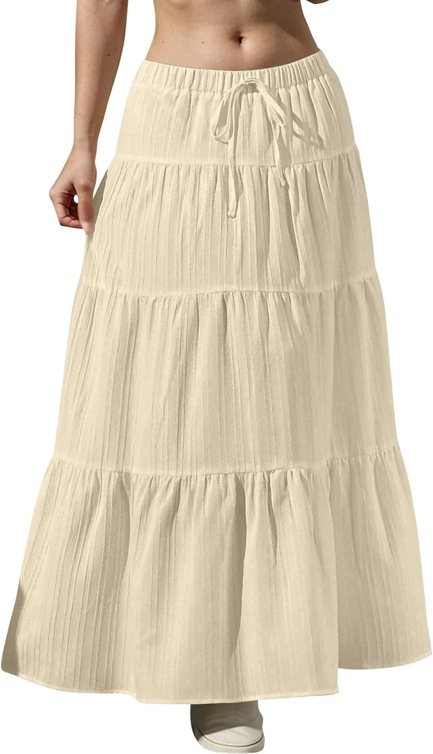 Linen Maxi Skirts for Women 2025 Drawstring High Waisted Aline Ruffle Pleated Skirt Summer Tiered Ruffle Long Skirt