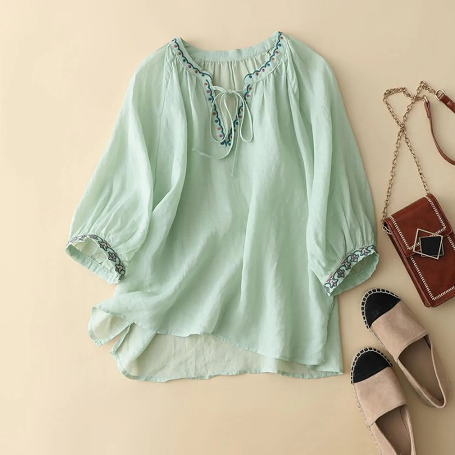 Linen Shirts for Women Crewneck Embroidery Blouse Boho Trendy Tops Short Sleeve Loose Fit Tunic Tops