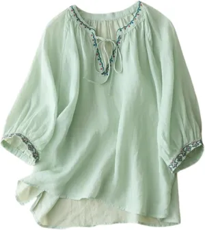Linen Shirts for Women Crewneck Embroidery Blouse Boho Trendy Tops Short Sleeve Loose Fit Tunic Tops