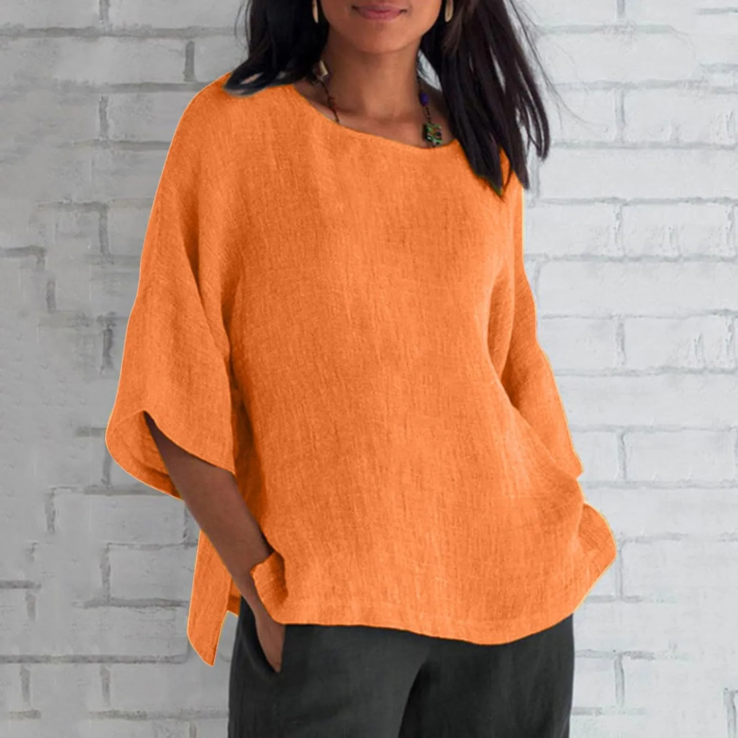 Linen Shirts for Women Plus Size 3/4 Length Sleeve Tops Casual Loose Fit O Neck Split Tunic Tee 2025 Summer Blouse