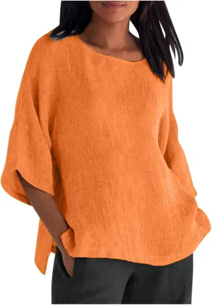Linen Shirts for Women Plus Size 3/4 Length Sleeve Tops Casual Loose Fit O Neck Split Tunic Tee 2025 Summer Blouse