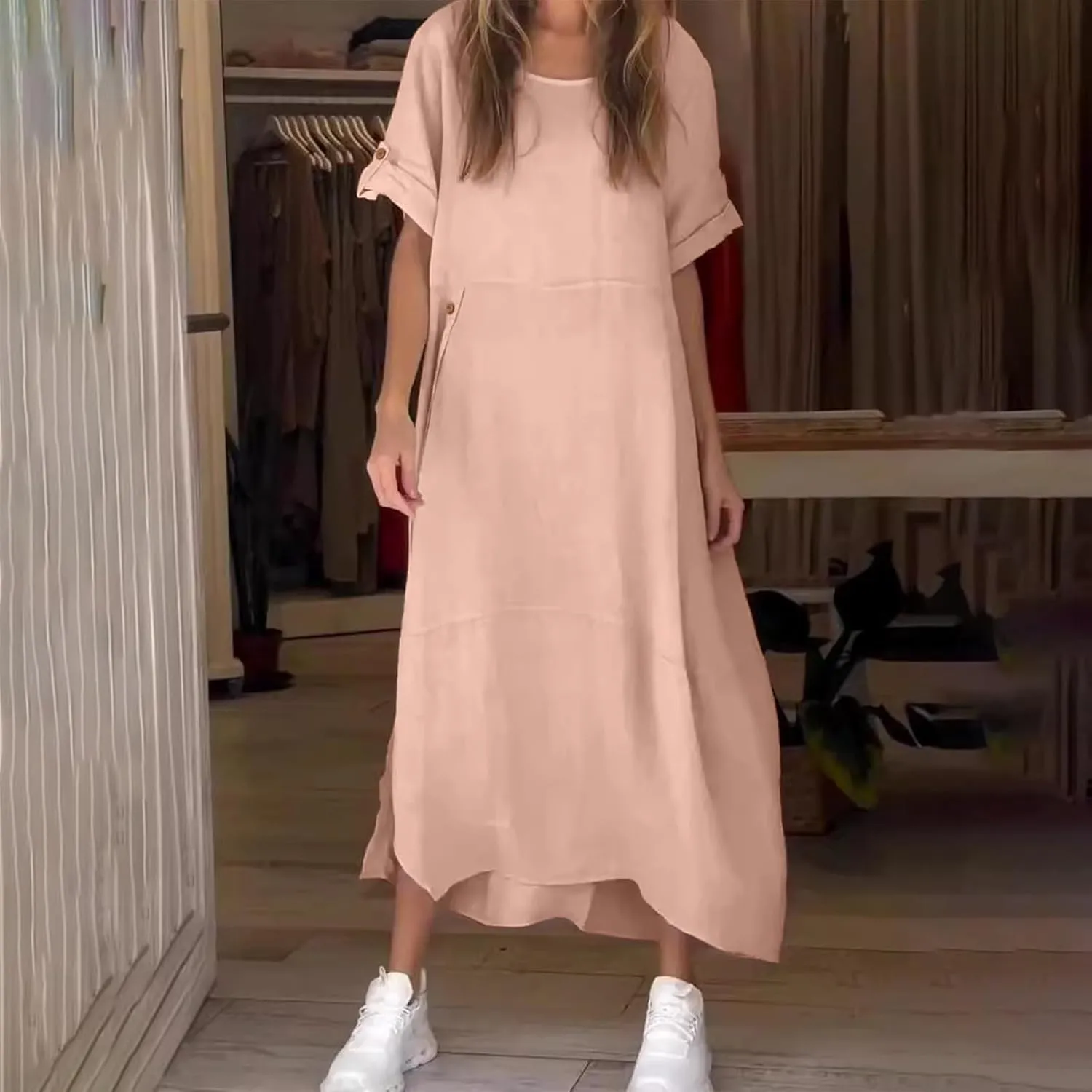 Linen Sundress for Women 2025 Casual Short Sleeve Round Neck Dress Fashion Solid Loose Pleated Long Dresses