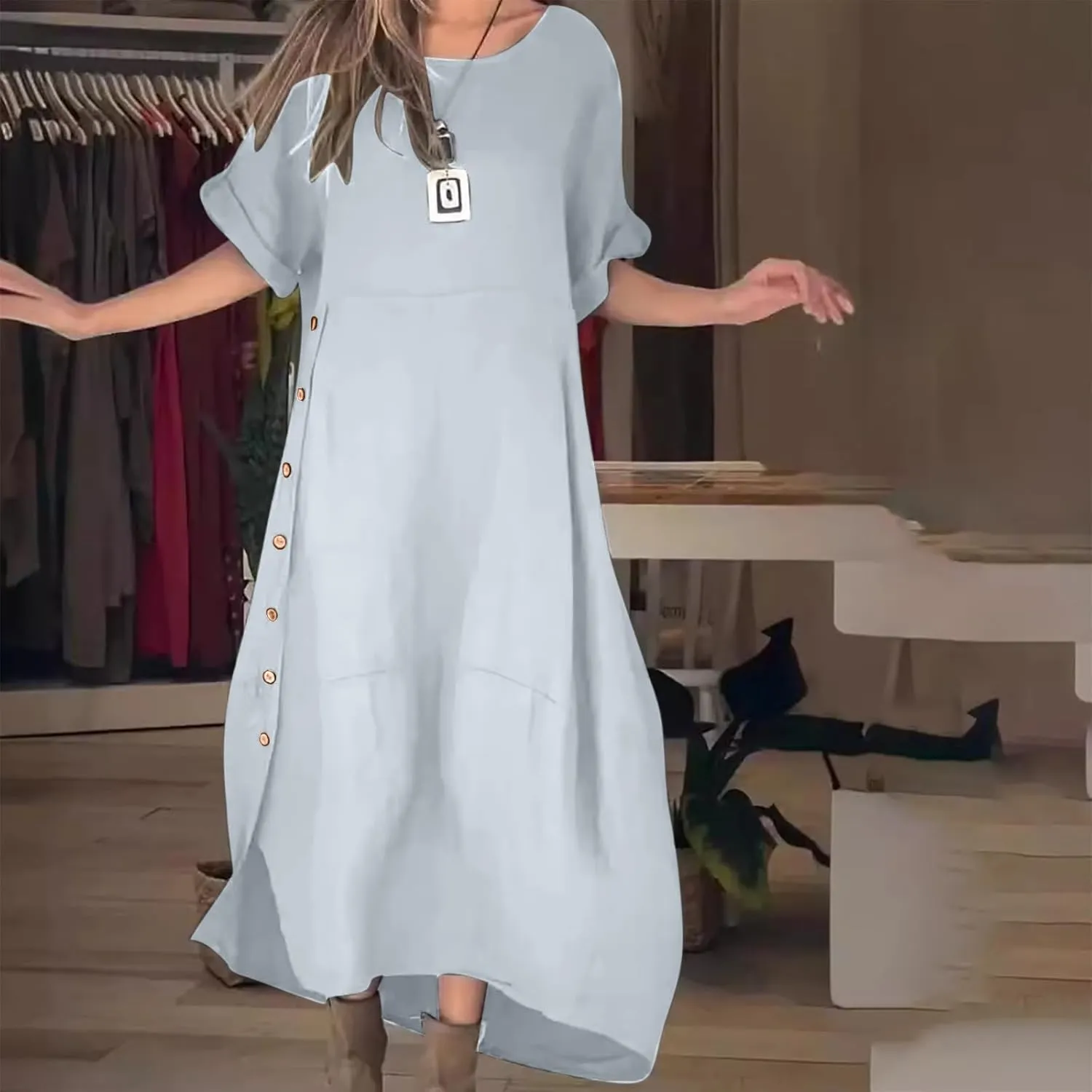 Linen Sundress for Women 2025 Casual Short Sleeve Round Neck Dress Fashion Solid Loose Pleated Long Dresses
