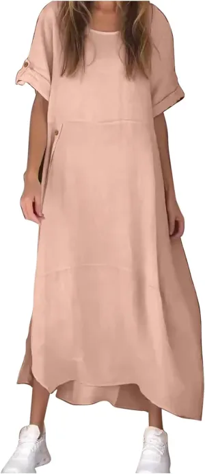 Linen Sundress for Women 2025 Casual Short Sleeve Round Neck Dress Fashion Solid Loose Pleated Long Dresses