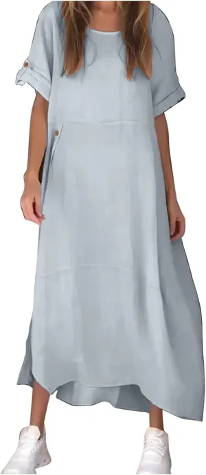 Linen Sundress for Women 2025 Casual Short Sleeve Round Neck Dress Fashion Solid Loose Pleated Long Dresses