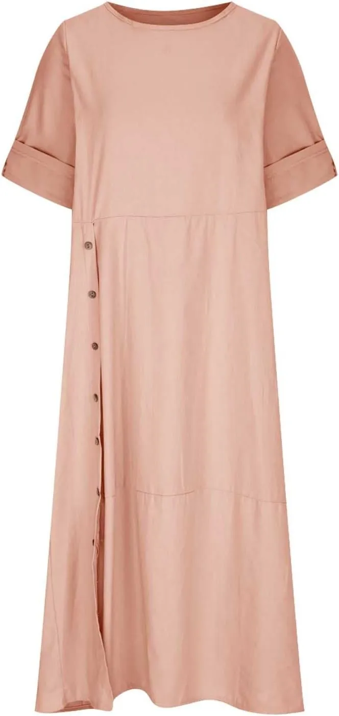 Linen Sundress for Women 2025 Casual Short Sleeve Round Neck Dress Fashion Solid Loose Pleated Long Dresses