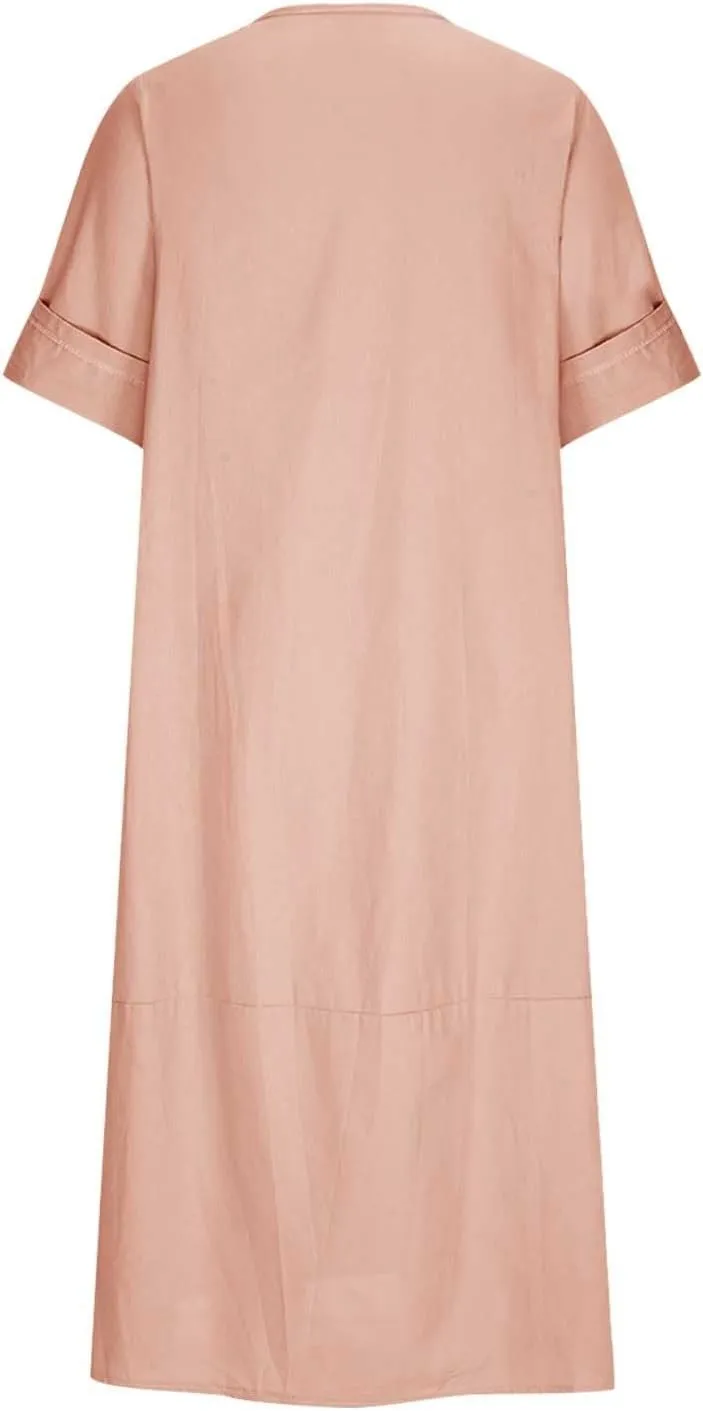 Linen Sundress for Women 2025 Casual Short Sleeve Round Neck Dress Fashion Solid Loose Pleated Long Dresses