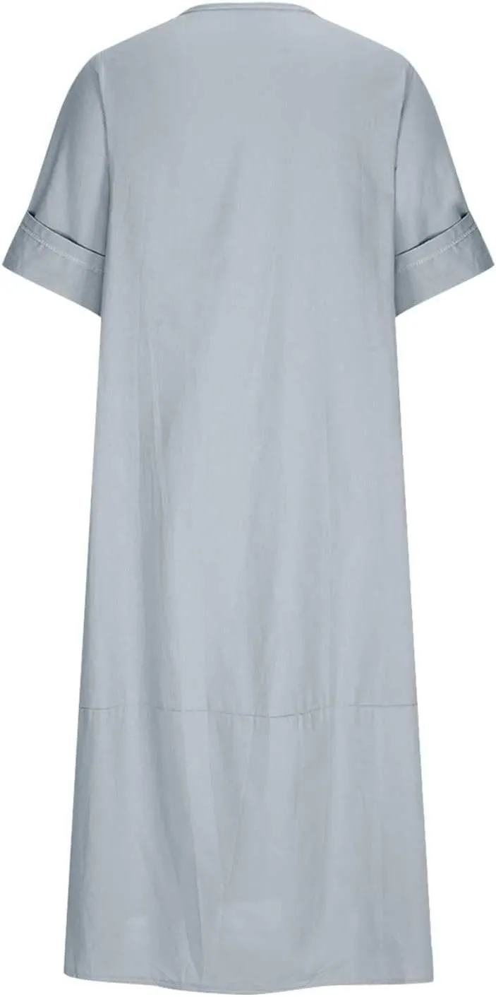 Linen Sundress for Women 2025 Casual Short Sleeve Round Neck Dress Fashion Solid Loose Pleated Long Dresses