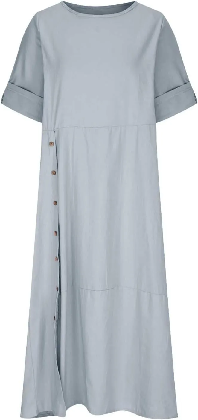 Linen Sundress for Women 2025 Casual Short Sleeve Round Neck Dress Fashion Solid Loose Pleated Long Dresses