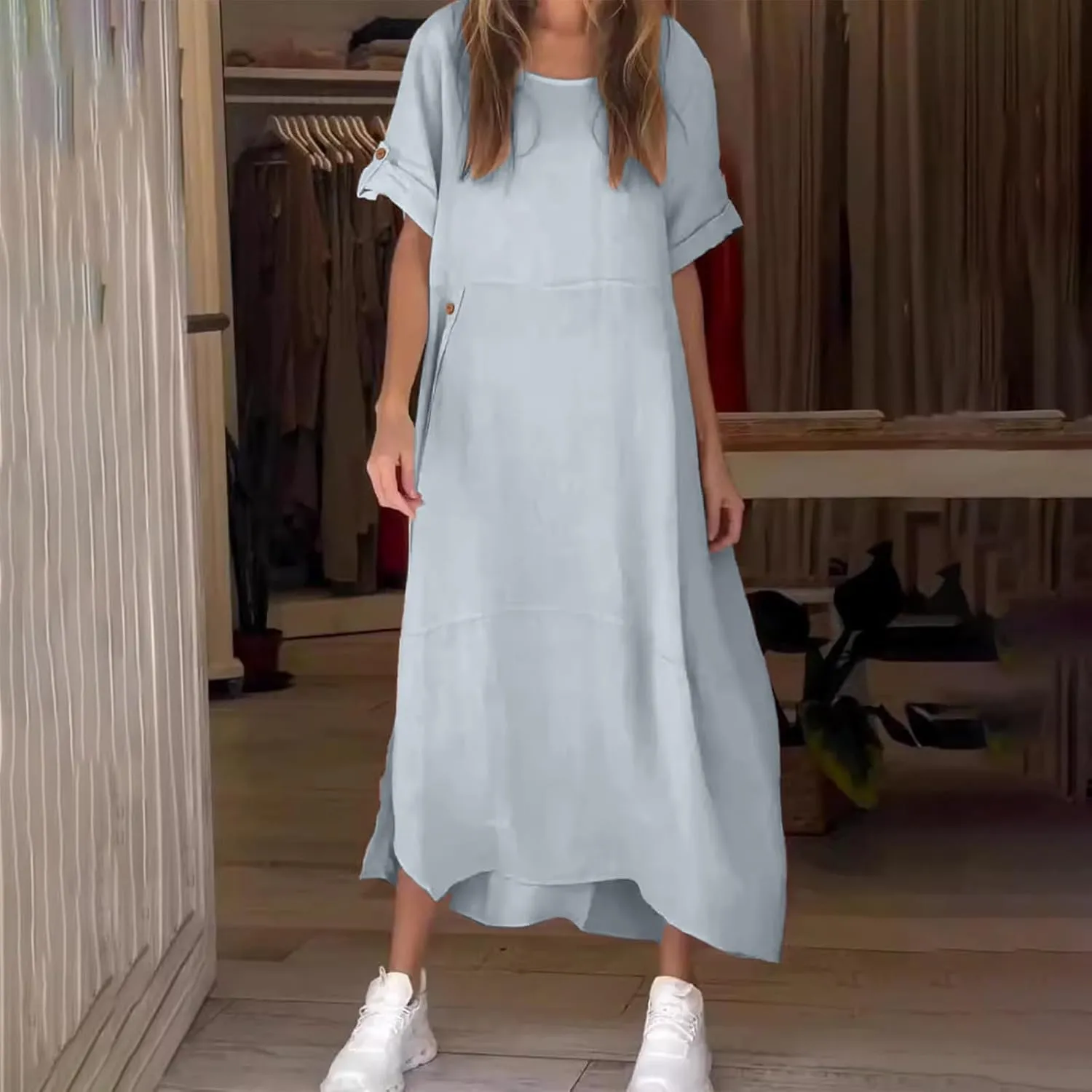 Linen Sundress for Women 2025 Casual Short Sleeve Round Neck Dress Fashion Solid Loose Pleated Long Dresses