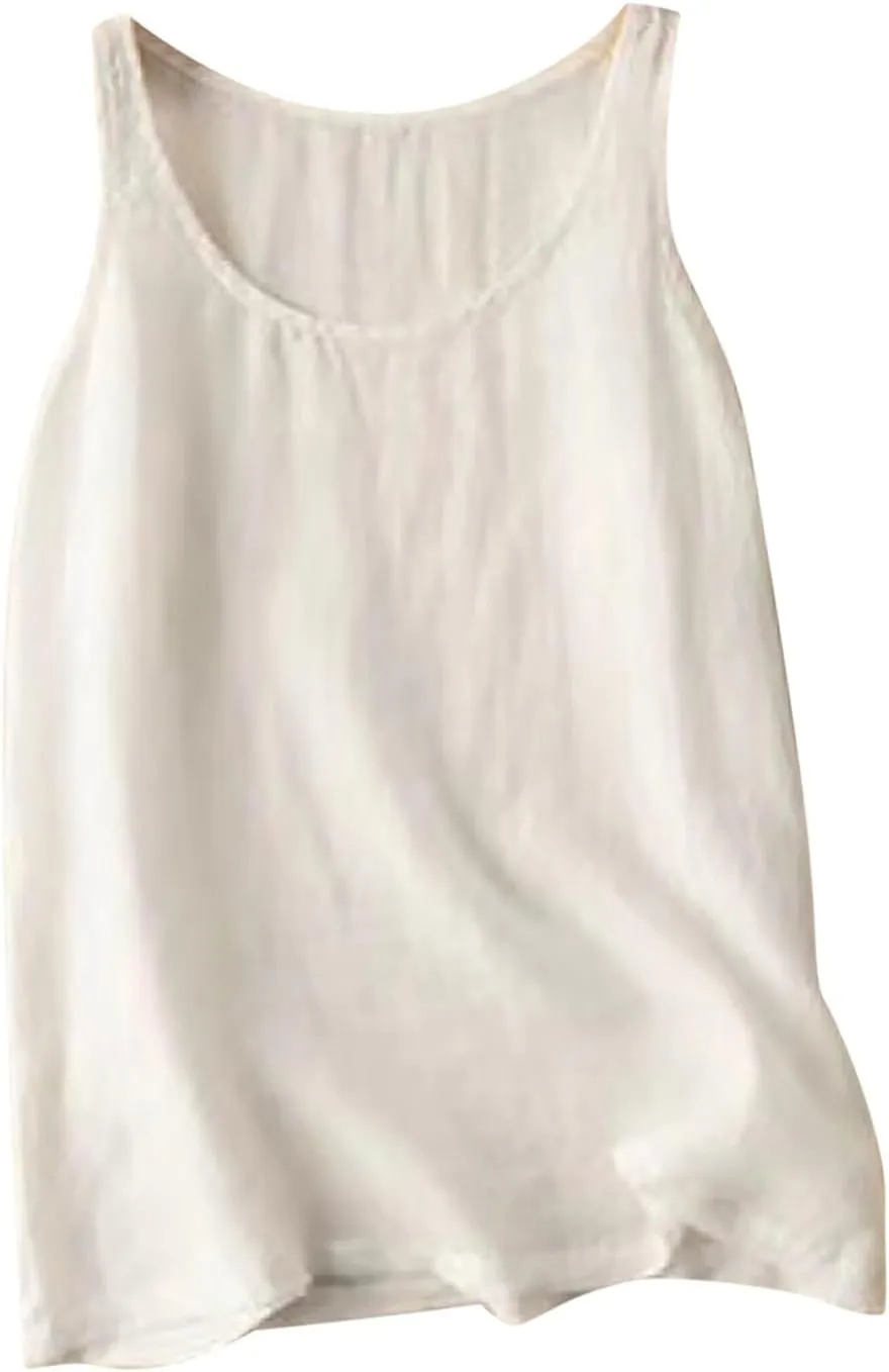 Linen Tank Tops for Women Sleeveless Summer Tee Shirts Loose Fit Crewneck Casual Flowy Vintage Blouses Tunic Tops