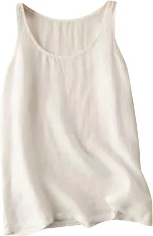 Linen Tank Tops for Women Sleeveless Summer Tee Shirts Loose Fit Crewneck Casual Flowy Vintage Blouses Tunic Tops